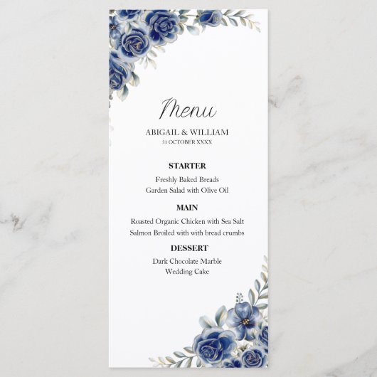 Romantic Blue Floral Botanical Wedding Menus Card メニュー (正面)