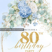 Romantic Blue Floral Gold 80th Birthday Invite 招待状