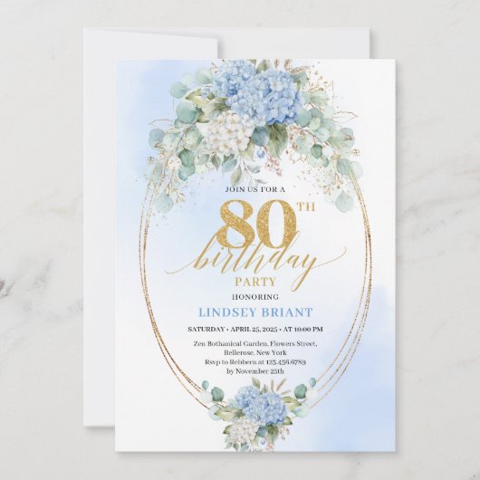 Romantic Blue Floral Gold 80th Birthday Invite 招待状 (正面)