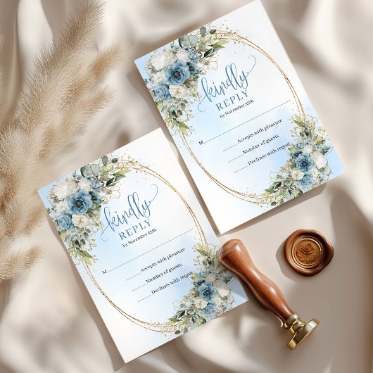 Romantic Blue Floral Gold Frame Wedding RSVP Card