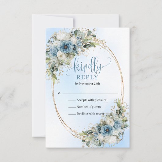 Romantic Blue Floral Gold Frame Wedding RSVP Card (正面)