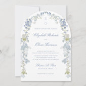 Romantic Blue Floral Monogram All in One Wedding 招待状 (正面)