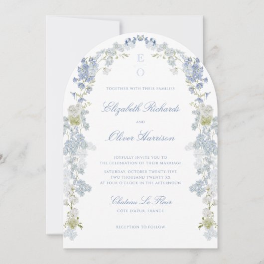 Romantic Blue Floral Monogram All in One Wedding 招待状 (正面)