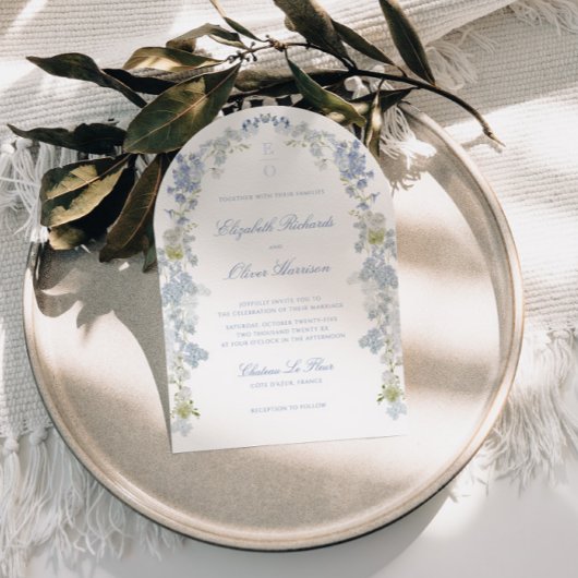 Romantic Blue Floral Monogram All in One Wedding 招待状