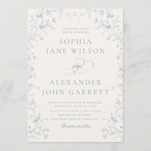 Romantic Blue Floral Monogram Wedding 招待状 (正面)