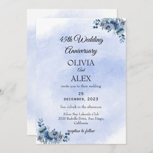 Romantic Blue Floral Wedding Anniversary  招待状 (正面/裏面)