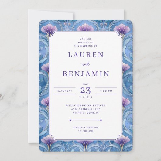 Romantic Blue Floral Wedding Invitation 招待状 (正面)
