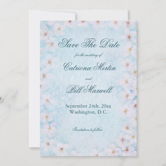 Romantic Blue Floral Wedding Save The Date Card 招待状 (正面)
