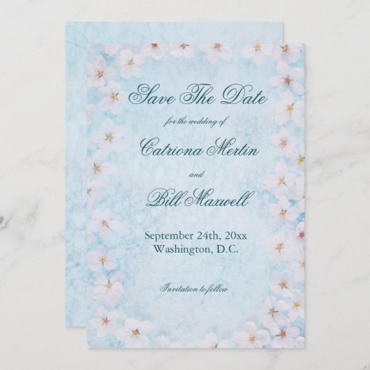 Romantic Blue Floral Wedding Save The Date Card 招待状 (正面/裏面)