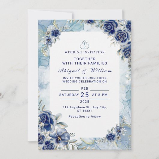 Romantic Blue Flower Floral Wedding Invitation 招待状 (正面)