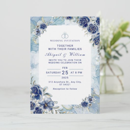 Romantic Blue Flower Floral Wedding Invitation 招待状 (スタンド正面)