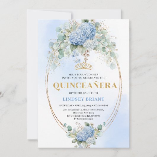 Romantic Blue Flowers Gold 15th Birthday Invite 招待状 (正面)