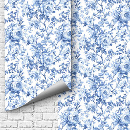 Romantic Blue French Toile Roses Floral Wallpaper  壁紙