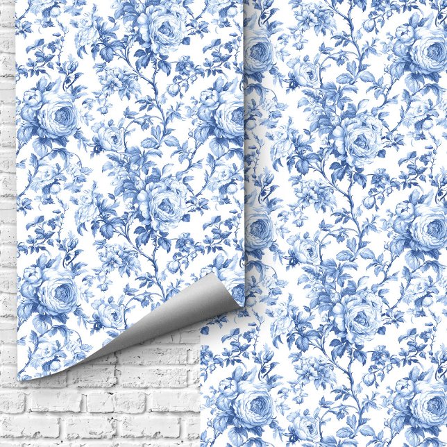 Romantic Blue French Toile Roses Floral Wallpaper  壁紙 (Romantic Blue French Toile Roses Floral Wallpaper Design)