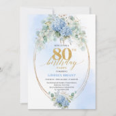 Romantic Blue Garden Floral 80th Birthday Invite 招待状 (正面)