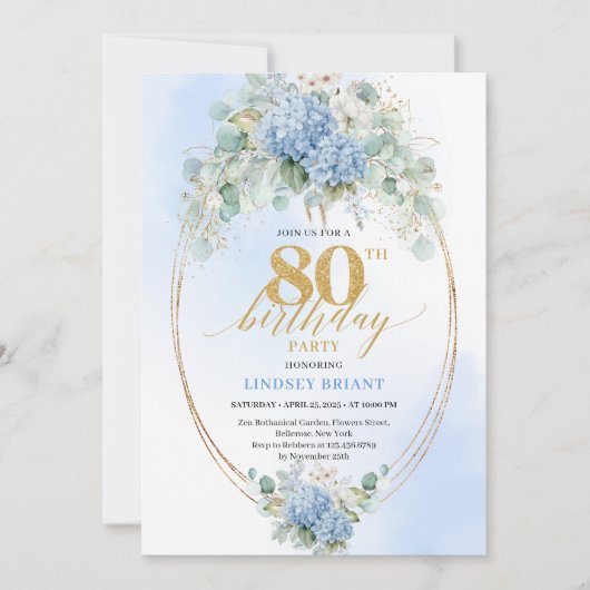 Romantic Blue Garden Floral 80th Birthday Invite 招待状 (正面)