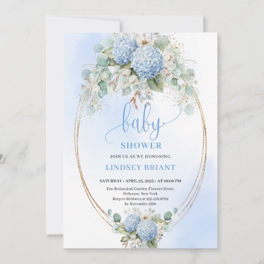 Romantic Blue Hydrangea Baby Shower Gold Invitatio 招待状 (正面)