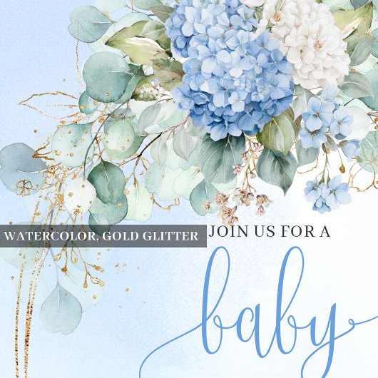 Romantic Blue Hydrangea Baby Shower Gold Invitatio 招待状