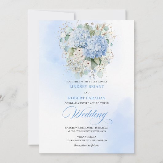 Romantic Blue Hydrangea Botanical Wedding Invite 招待状 (正面)