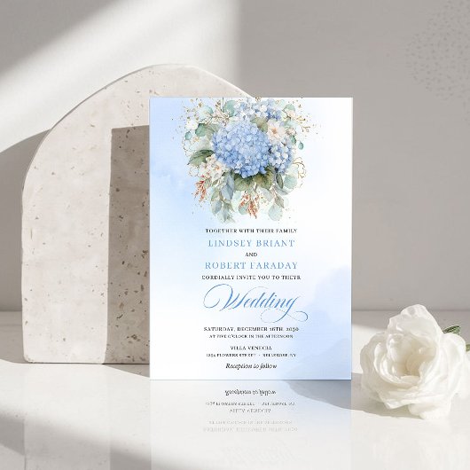 Romantic Blue Hydrangea Eucalyptus Wedding Invite 招待状