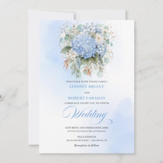 Romantic Blue Hydrangea Eucalyptus Wedding Invite 招待状 (正面)