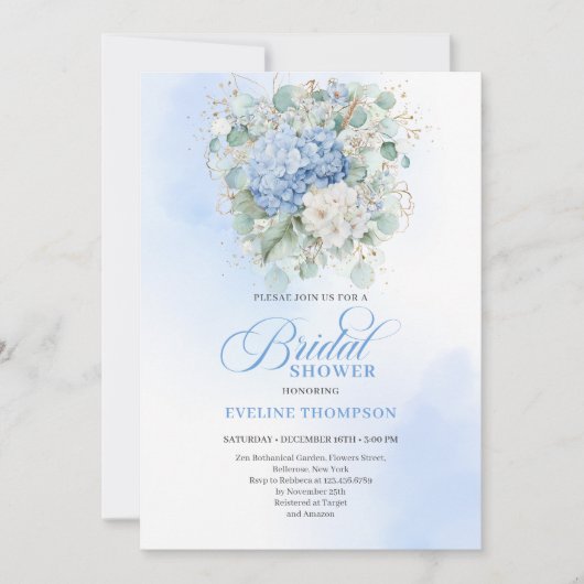 Romantic Blue Hydrangea Floral Bridal Shower Invit 招待状 (正面)