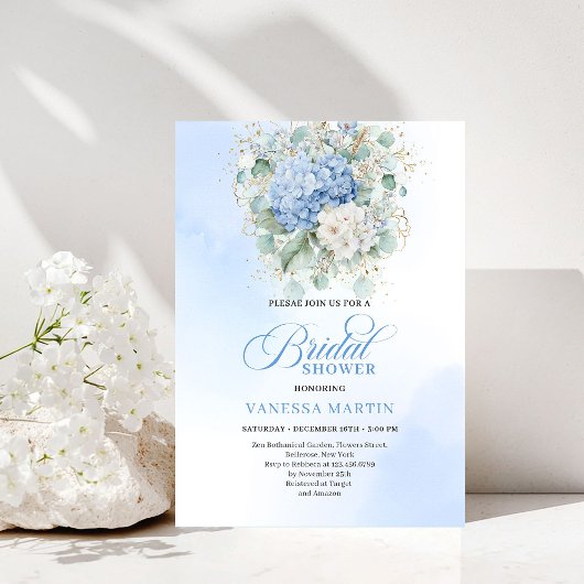 Romantic Blue Hydrangea Floral Bridal Shower Invit 招待状
