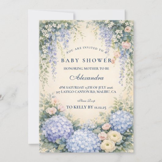 Romantic Blue Hydrangea Garden Baby Shower 招待状 (正面)