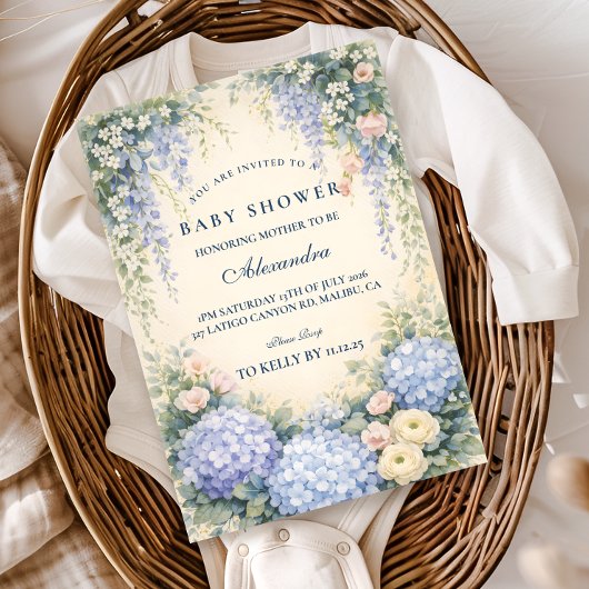 Romantic Blue Hydrangea Garden Baby Shower 招待状