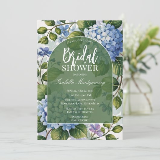 Romantic Blue Hydrangea Garden Bridal Shower 招待状 (スタンド正面)