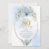 Romantic Blue Hydrangea Gold 80th Birthday Invite 招待状 (正面)