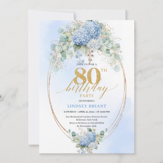 Romantic Blue Hydrangea Gold Floral 80th Birthday 招待状 (正面)