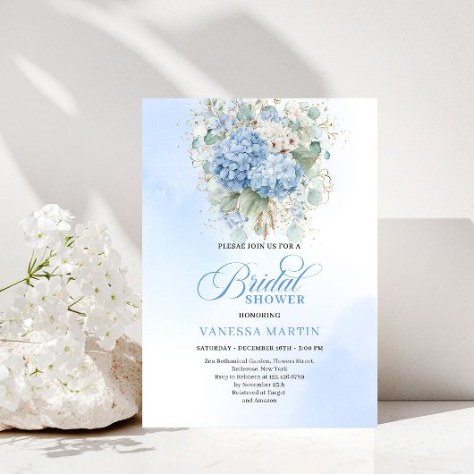 Romantic Blue Hydrangea Gold Floral Bridal Shower 招待状