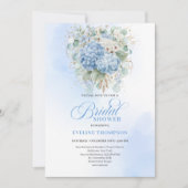 Romantic Blue Hydrangea Gold Floral Bridal Shower 招待状 (正面)