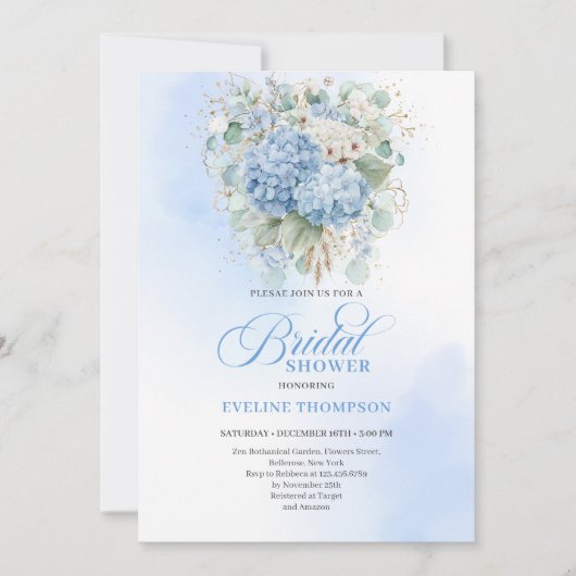 Romantic Blue Hydrangea Gold Floral Bridal Shower 招待状 (正面)