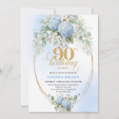 Romantic Blue Hydrangea Gold Frame 90th Birthday 招待状 (正面)