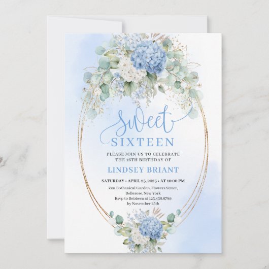 Romantic Blue Hydrangea Sweet Sixteen Invitation 招待状 (正面)