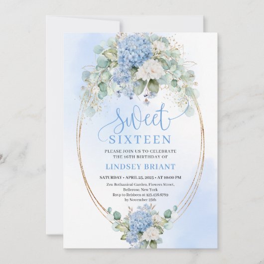 Romantic Blue Hydrangea Sweet Sixteen Invitation 招待状 (正面)
