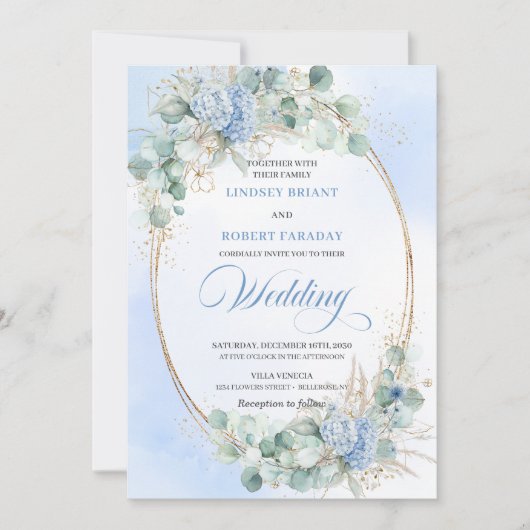 Romantic Blue Hydrangea Wheat Botanical Wedding  招待状 (正面)
