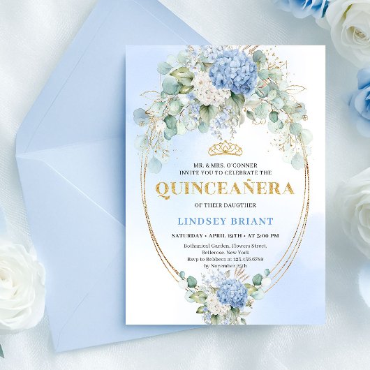 Romantic Blue Hydrangeas Gold Quinceañera Invites 招待状