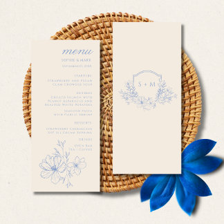 Romantic Blue Monogram Crest Floral Wedding Menu メニュー
