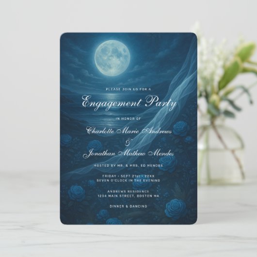 Romantic Blue Moonlit Beach Engagement Party 招待状 (スタンド正面)