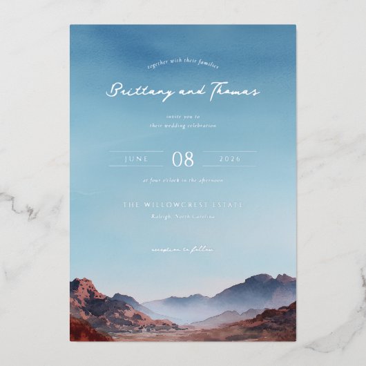Romantic Blue Mountain Landscape 箔招待状 (正面)