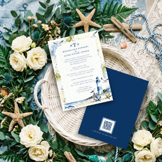 Romantic Blue Nautical Lighthouse Coastal Wedding 招待状