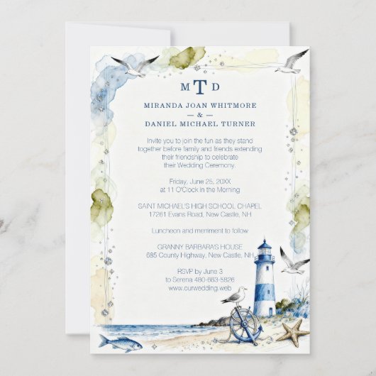 Romantic Blue Nautical Lighthouse Coastal Wedding 招待状 (正面)