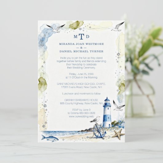 Romantic Blue Nautical Lighthouse Coastal Wedding 招待状 (スタンド正面)