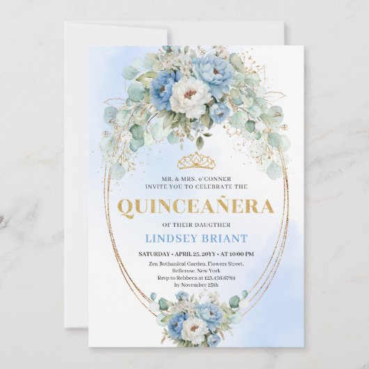 Romantic Blue Peonies Eucalyptus 15th Birthday  招待状 (正面)