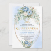 Romantic Blue Peonies Gold Quinceañera Invitation 招待状 (正面)