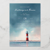 Romantic Blue Pink Lighthouse 箔招待状 (正面)