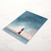 Romantic Blue Pink Lighthouse 箔招待状 (回転した状態)